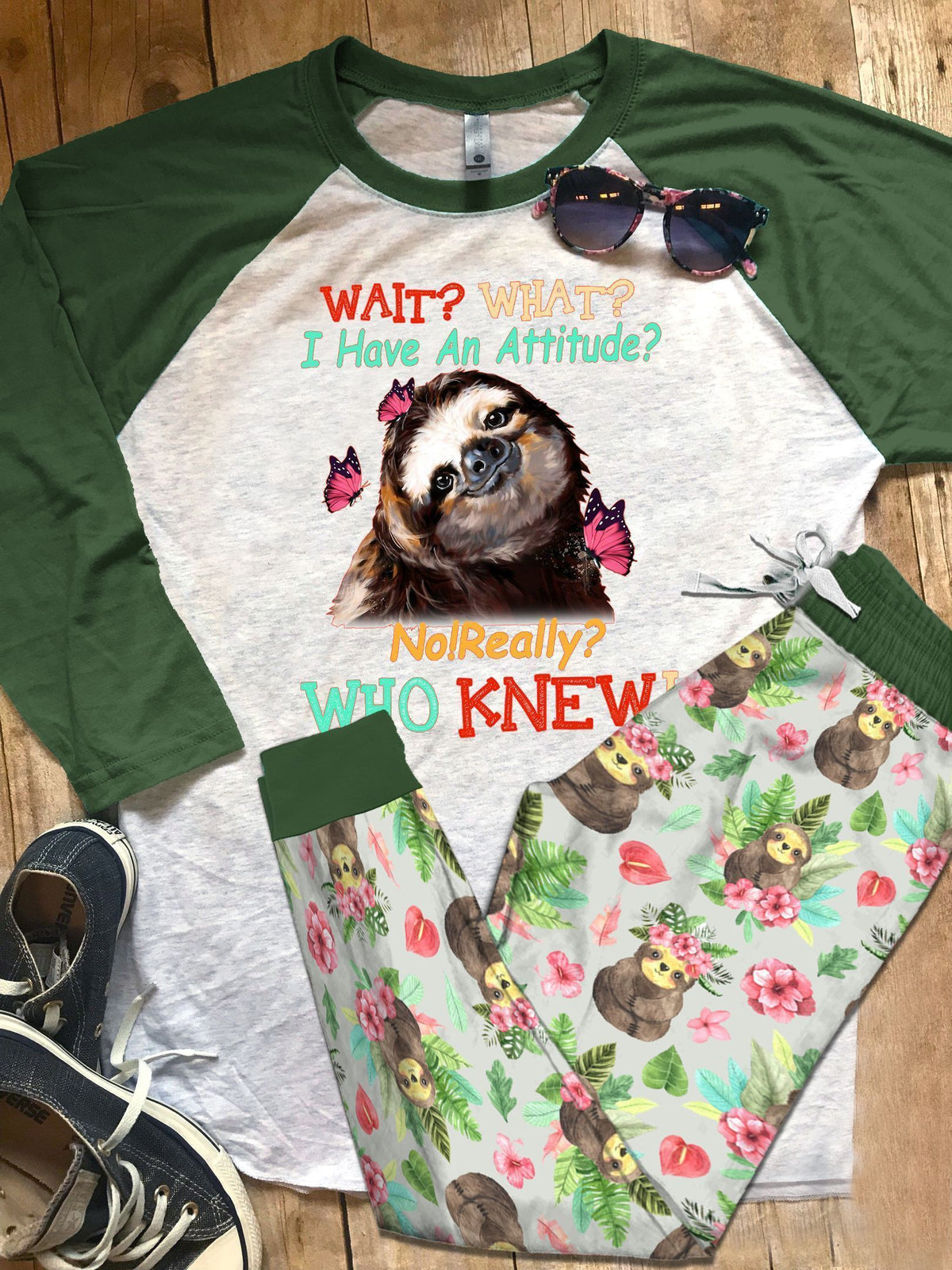 Sloth Wait Pajama Set |Sleepwear Pjs Sets | Raglan Shirt Pants Set