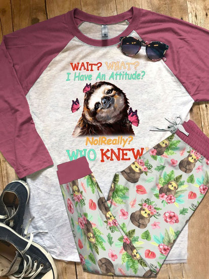 Sloth Wait Pajama Set |Sleepwear Pjs Sets | Raglan Shirt Pants Set