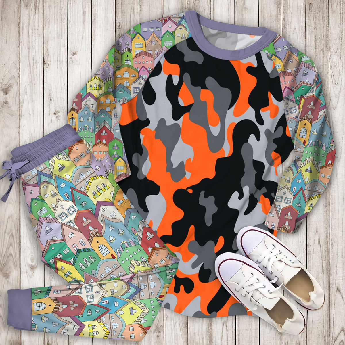 East Urban Home Camo Pajama Set |Sleepwear Pjs Sets | Raglan Shirt Pants Set