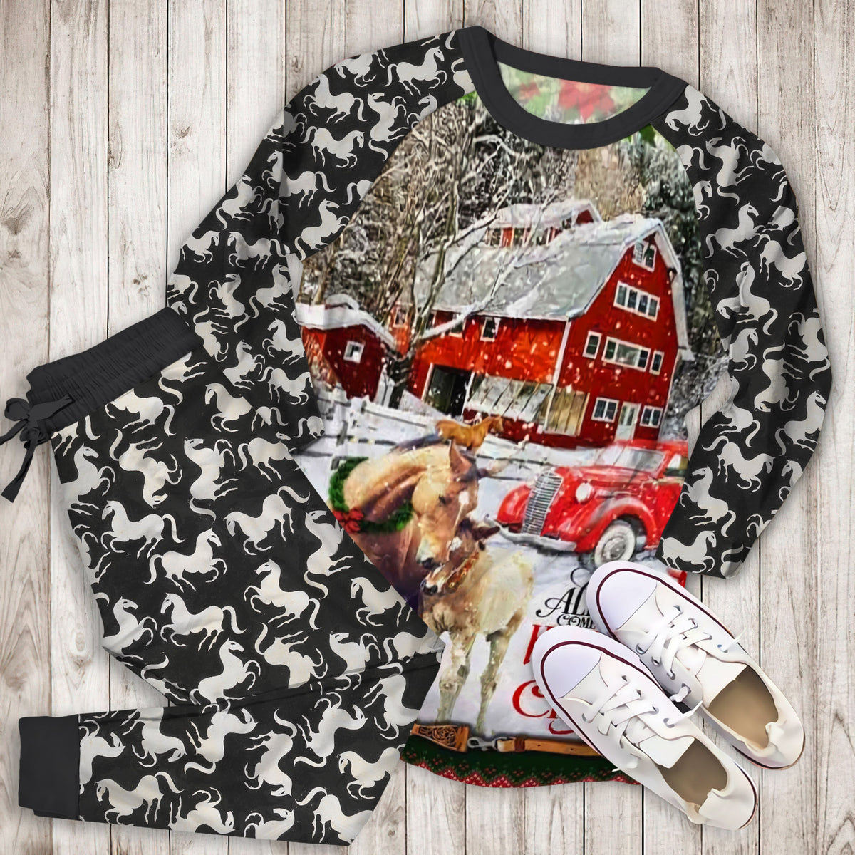 Horse Christmas Pajama Set | Pajamas | Cotton Sleepwear Sets | Soft Long Sleeve Pjs | Raglan Shirt and Pants Set