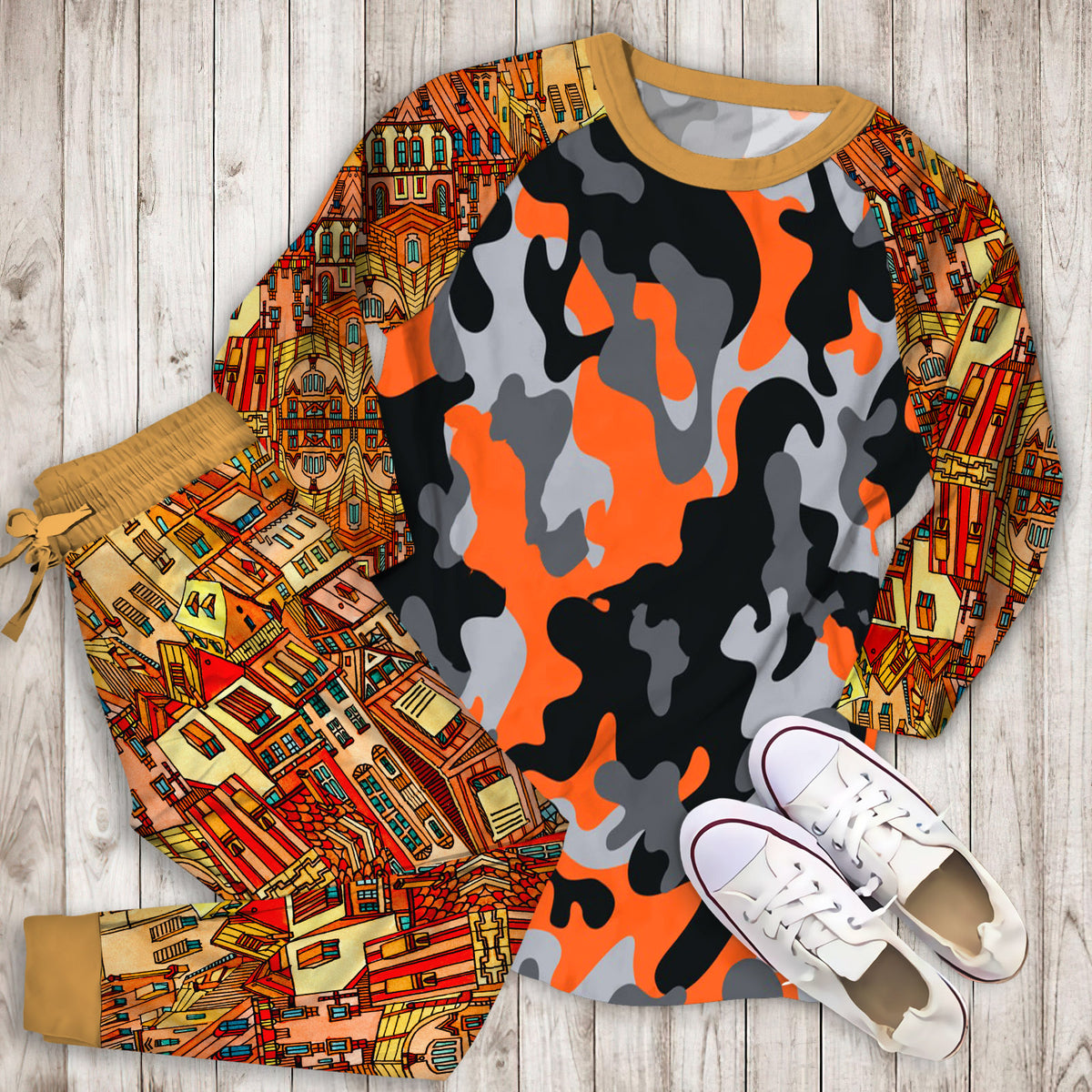 East Urban Home Camo Pajama Set |Sleepwear Pjs Sets | Raglan Shirt Pants Set