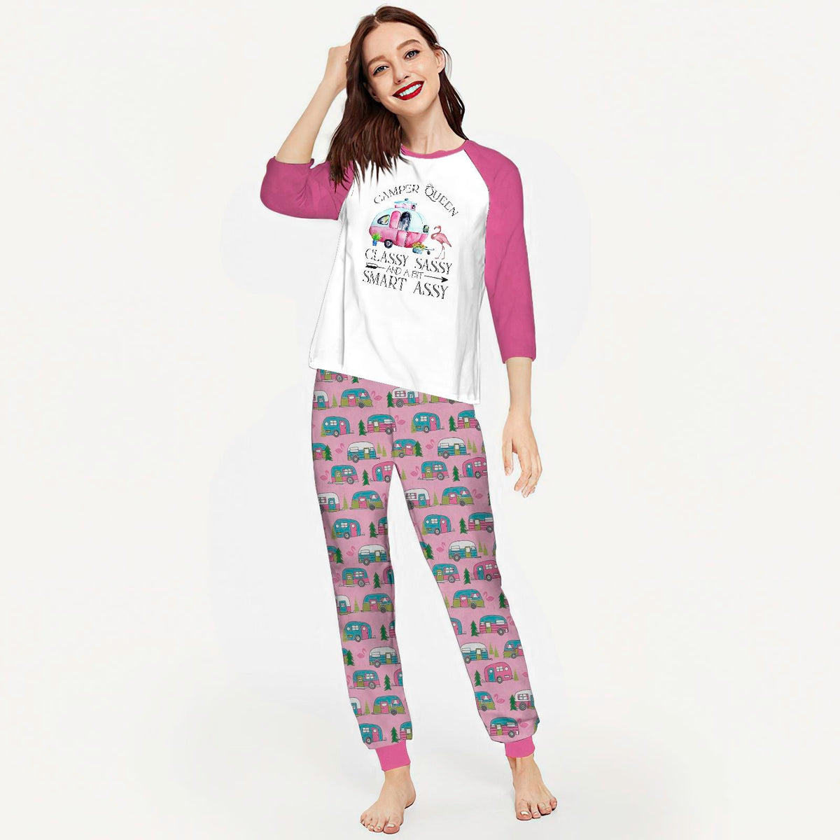 Camping Camper Queen Aac Pajama Set |Sleepwear Pjs Sets | Raglan Shirt Pants Set