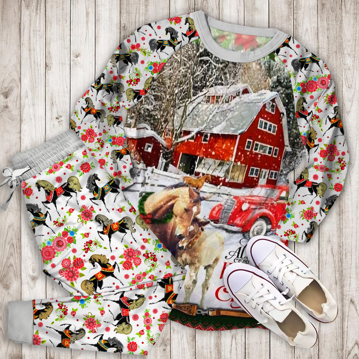 Horse Christmas Pajama Set | Pajamas | Cotton Sleepwear Sets | Soft Long Sleeve Pjs | Raglan Shirt and Pants Set
