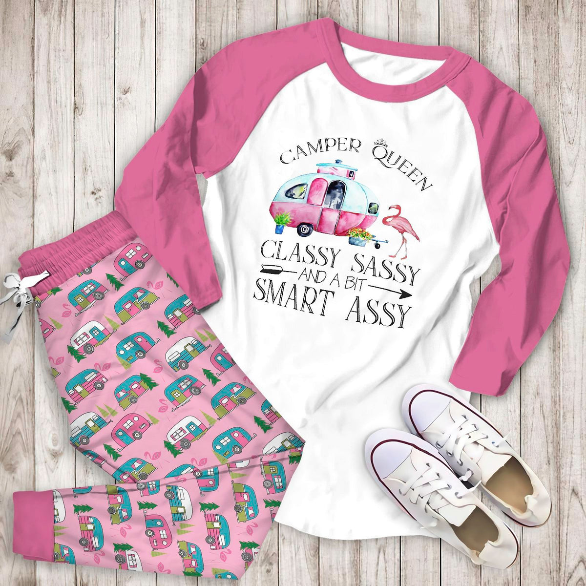 Camping Camper Queen Aac Pajama Set |Sleepwear Pjs Sets | Raglan Shirt Pants Set
