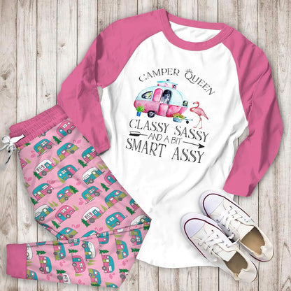 Camping Camper Queen Aac Pajama Set |Sleepwear Pjs Sets | Raglan Shirt Pants Set