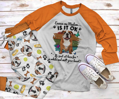 English Bulldog Excuse Me Orange Awesome Pajama Set |Sleepwear Pjs Sets | Raglan Shirt Pants Set