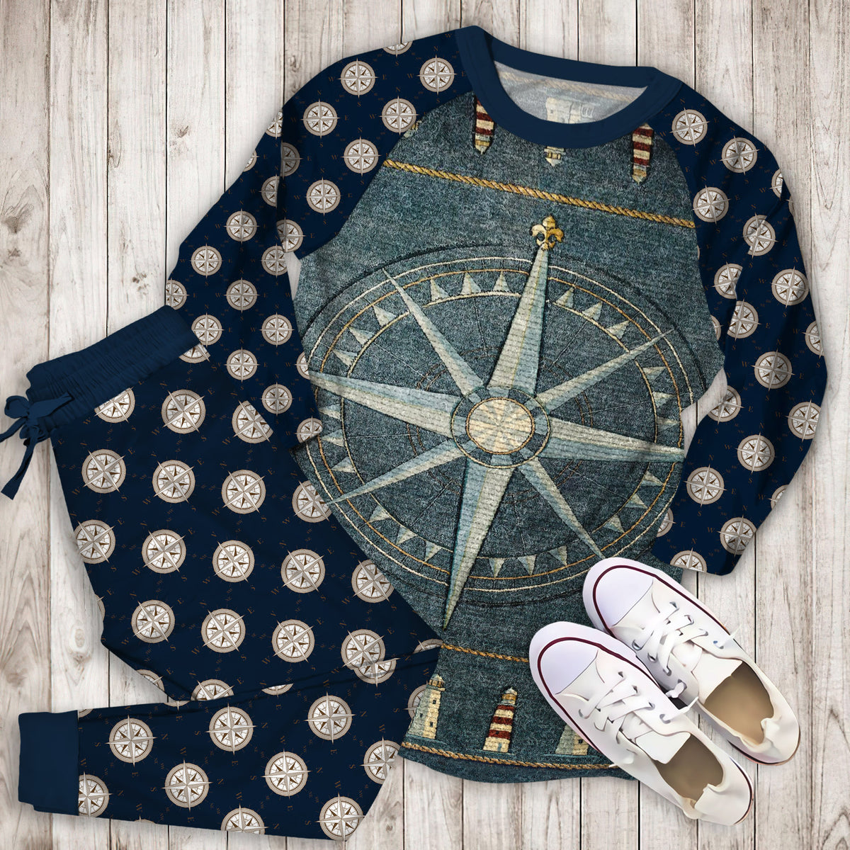 Compass Lighthouse Pajama Set |Sleepwear Pjs Sets | Raglan Shirt Pants Set