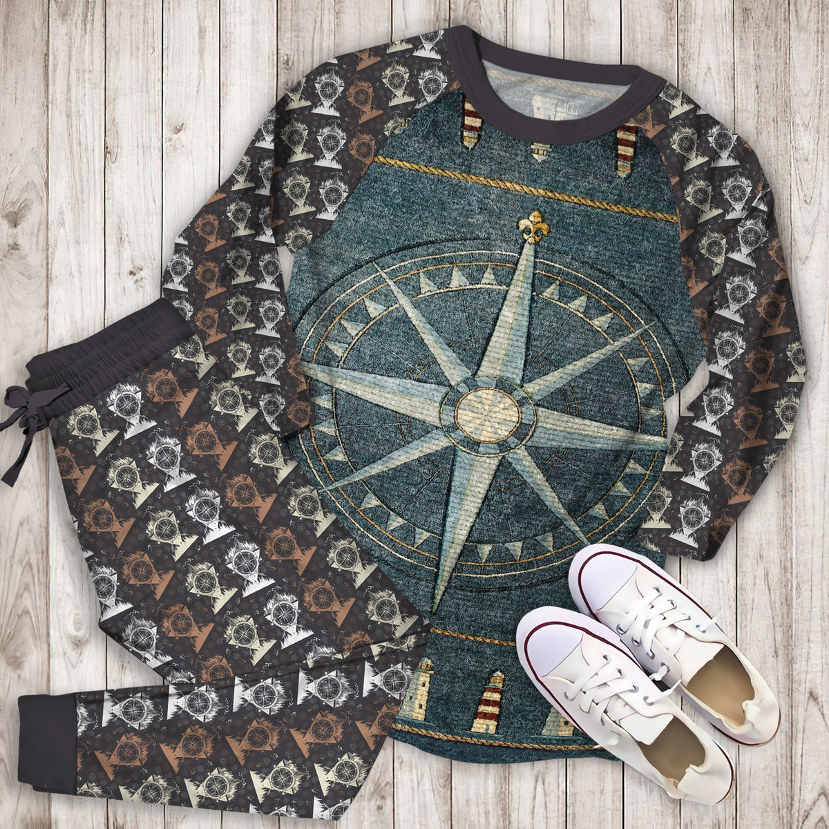 Compass Lighthouse Pajama Set |Sleepwear Pjs Sets | Raglan Shirt Pants Set