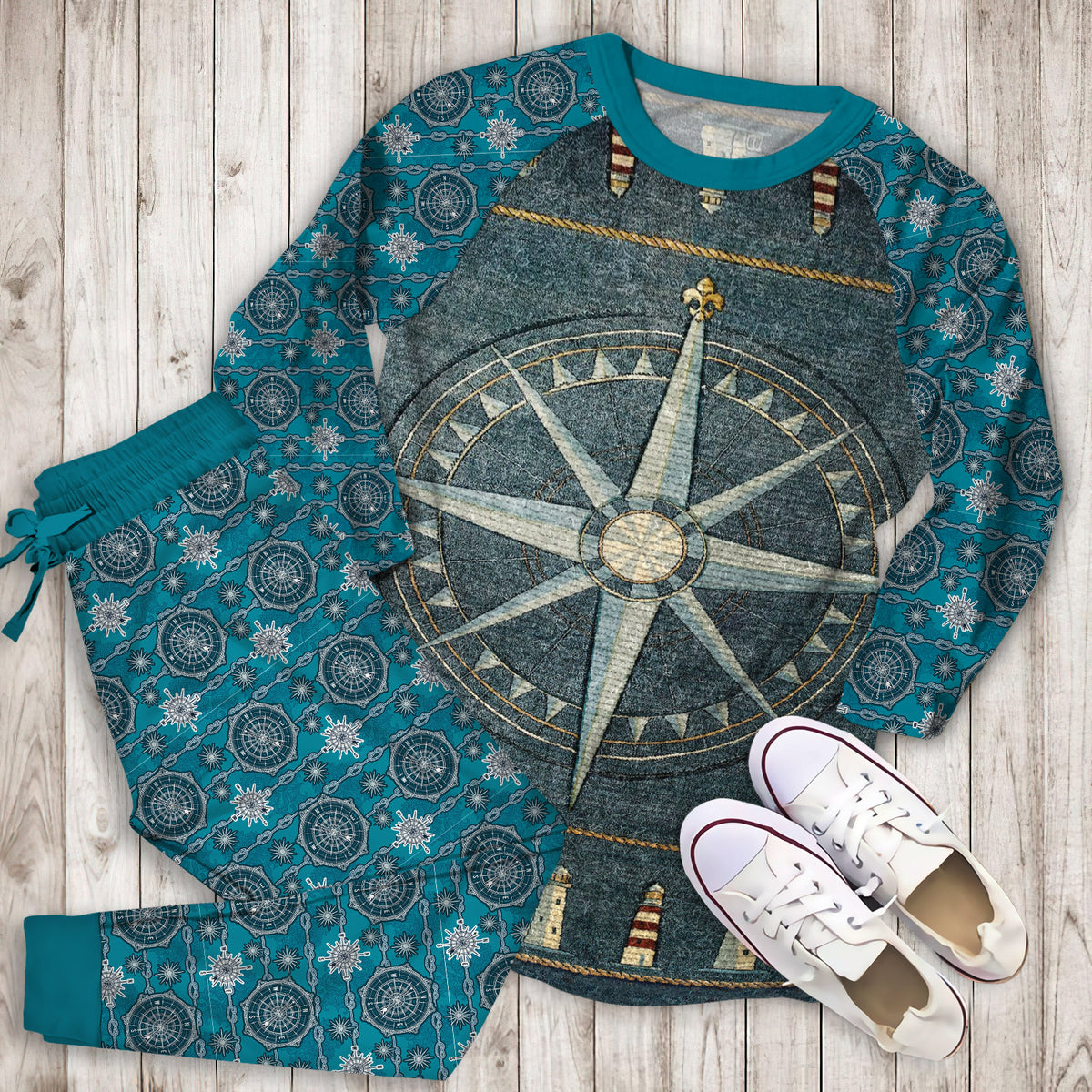Compass Lighthouse Pajama Set |Sleepwear Pjs Sets | Raglan Shirt Pants Set