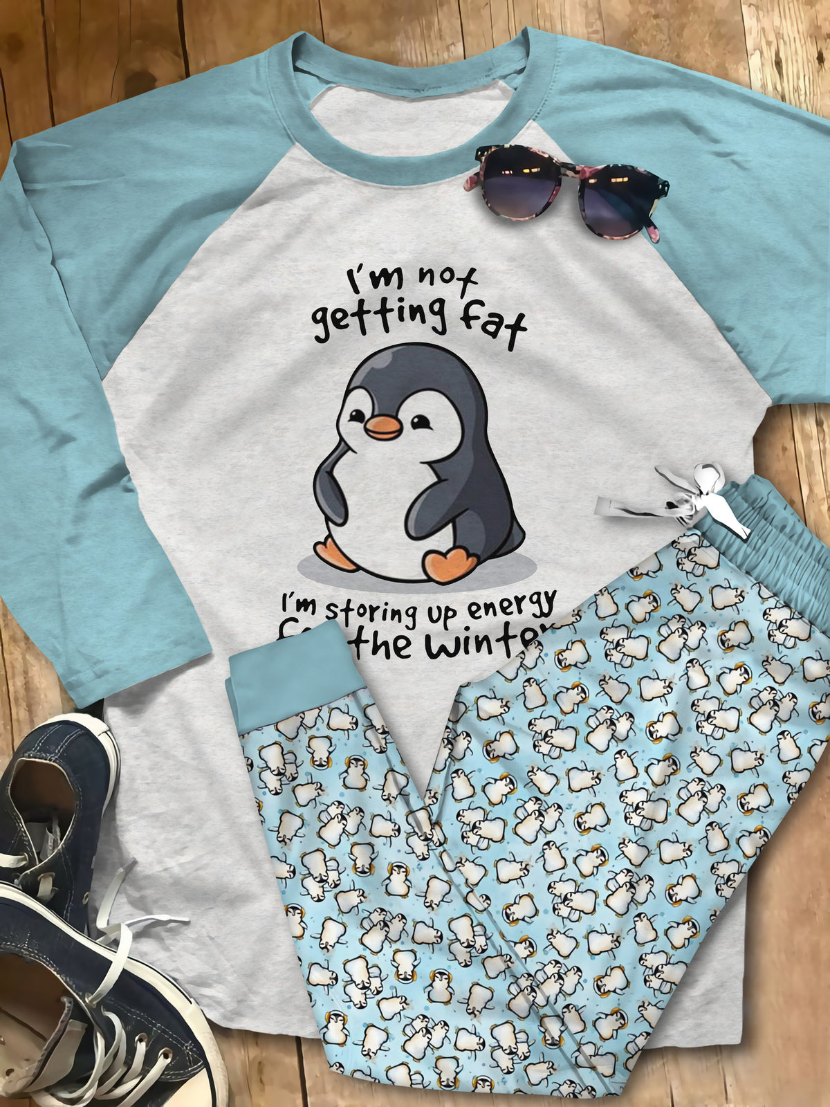 Penguin Storing Upe Energy Blue Awesome Pajama Set |Sleepwear Pjs Sets | Raglan Shirt Pants Set