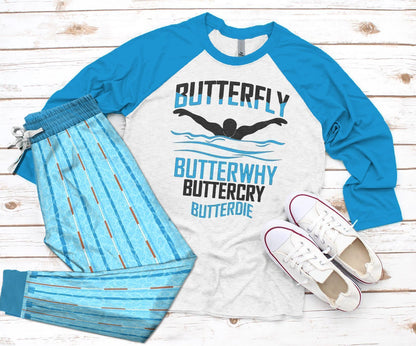 Swimming Butterfly Swimming Butterfly Blue Pajama Set |Sleepwear Pjs Sets | Raglan Shirt Pants Set