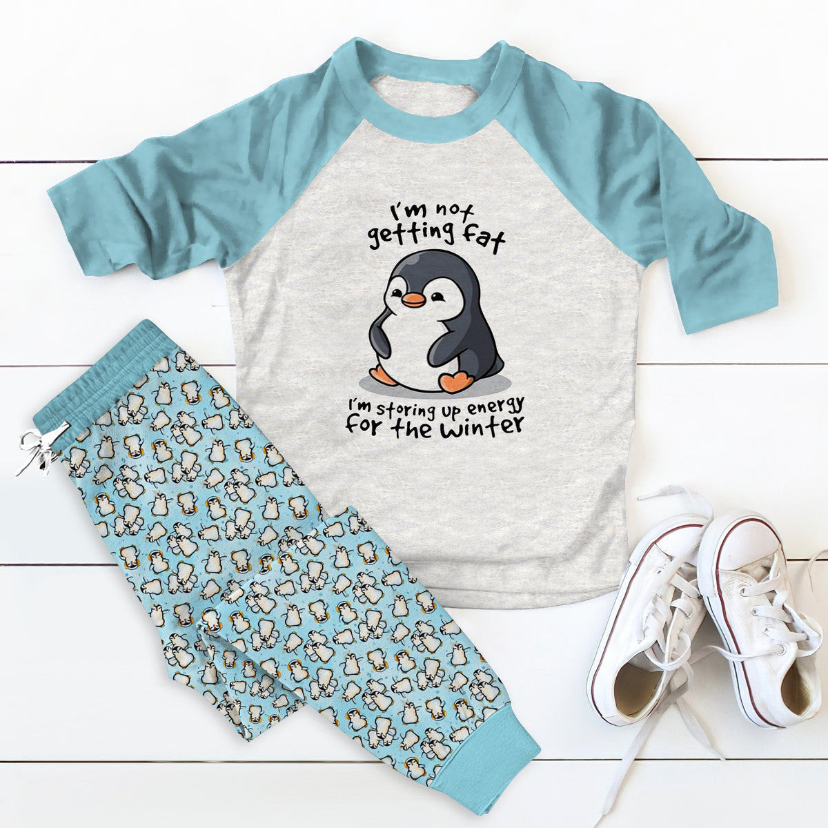 Penguin Storing Upe Energy Blue Awesome Pajama Set |Sleepwear Pjs Sets | Raglan Shirt Pants Set