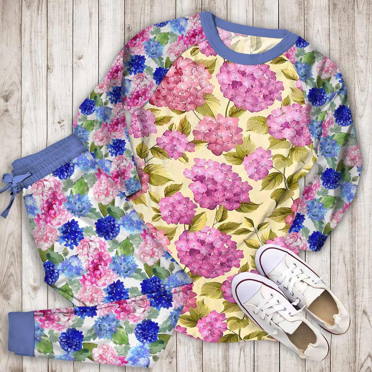 Hydrangea Pattern Pajama Set | Pajamas | Cotton Sleepwear Sets | Soft Long Sleeve Pjs | Raglan Shirt and Pants Set