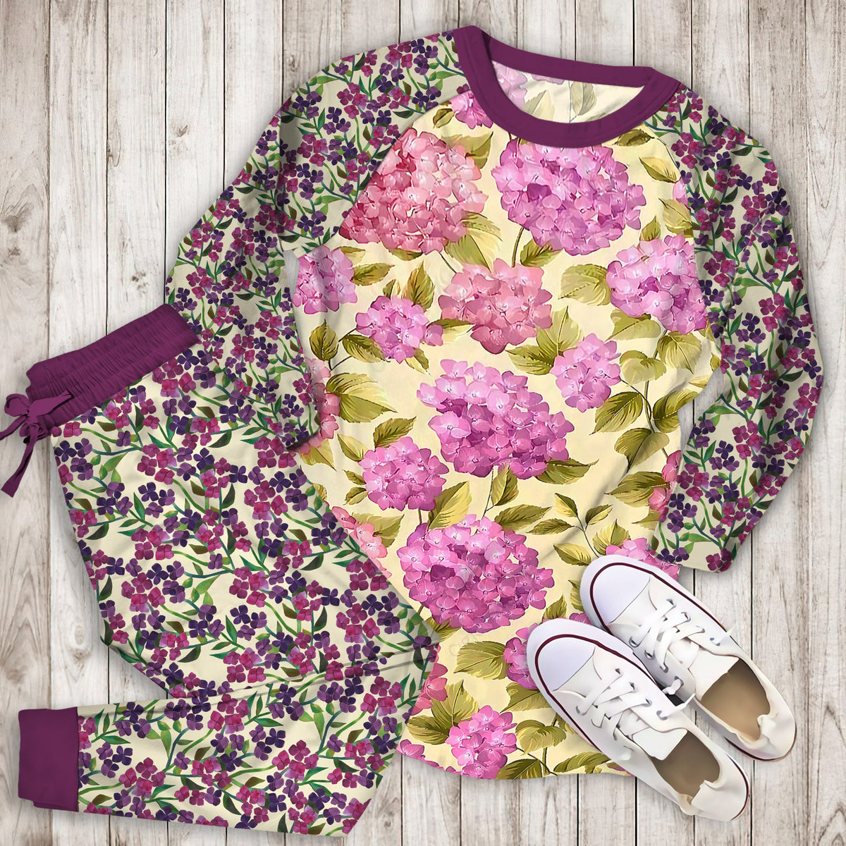 Hydrangea Pattern Pajama Set | Pajamas | Cotton Sleepwear Sets | Soft Long Sleeve Pjs | Raglan Shirt and Pants Set