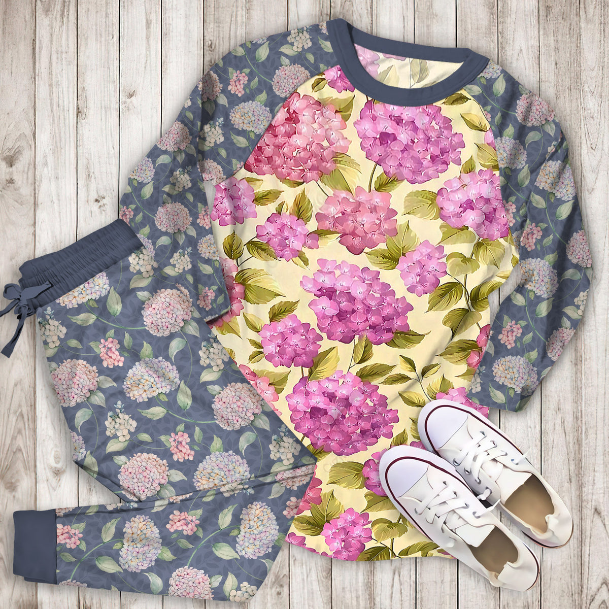 Hydrangea Pattern Pajama Set | Pajamas | Cotton Sleepwear Sets | Soft Long Sleeve Pjs | Raglan Shirt and Pants Set