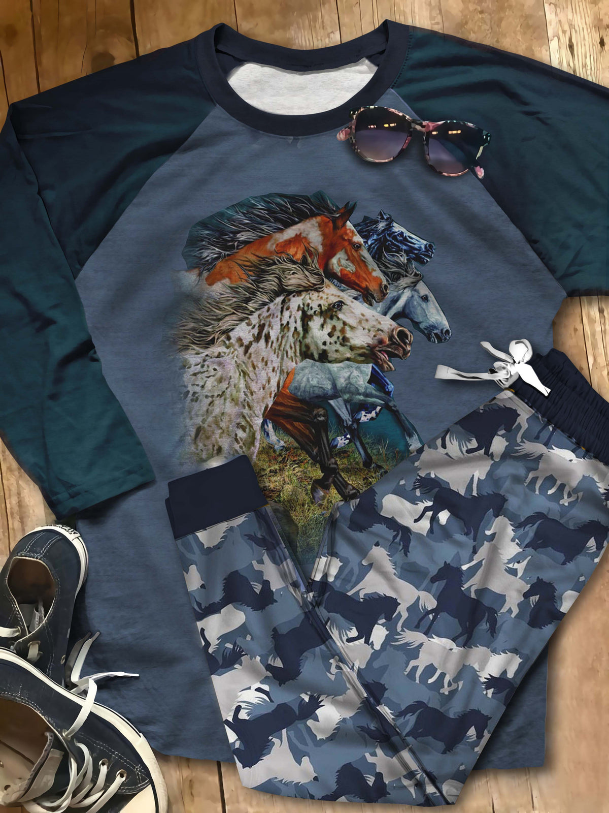 Horse Horse Family Full Aat Pajama Set |Sleepwear Pjs Sets | Raglan Shirt Pants Set