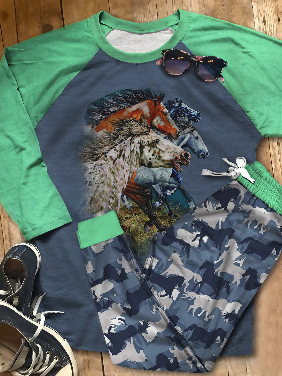 Horse Horse Family Full Aat Pajama Set |Sleepwear Pjs Sets | Raglan Shirt Pants Set