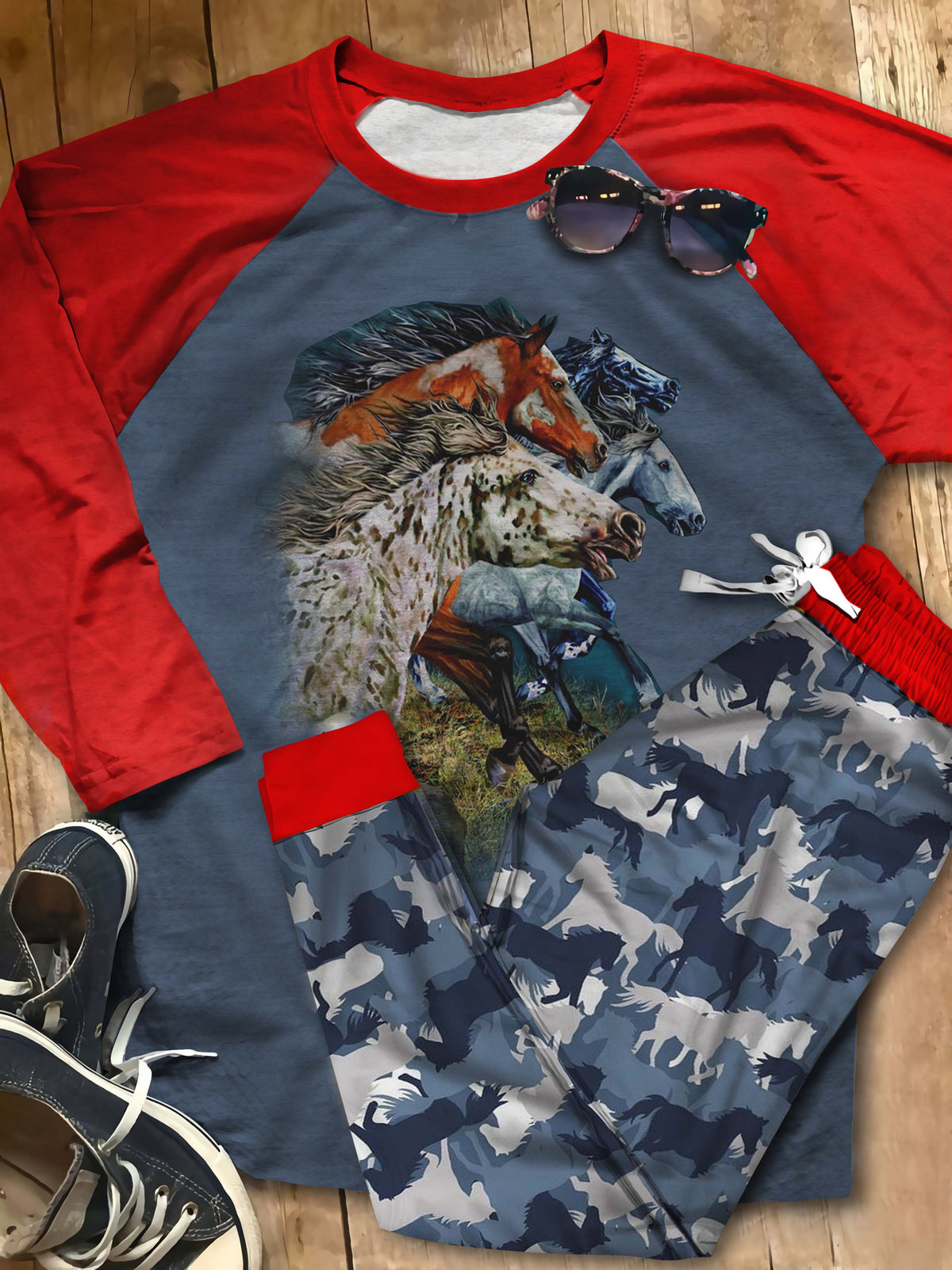 Horse Horse Family Full Aat Pajama Set |Sleepwear Pjs Sets | Raglan Shirt Pants Set