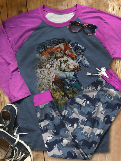 Horse Horse Family Full Aat Pajama Set |Sleepwear Pjs Sets | Raglan Shirt Pants Set