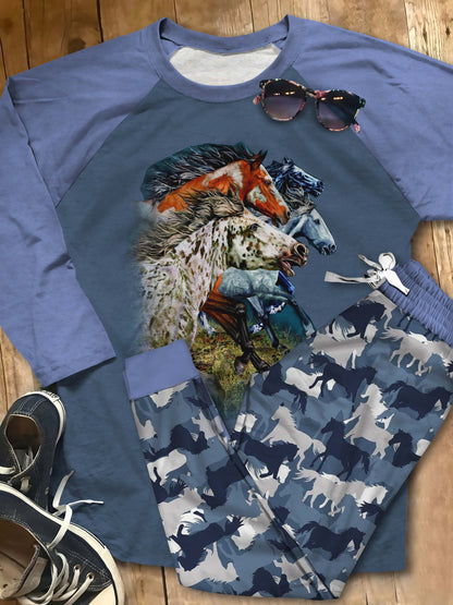 Horse Horse Family Full Aat Pajama Set |Sleepwear Pjs Sets | Raglan Shirt Pants Set