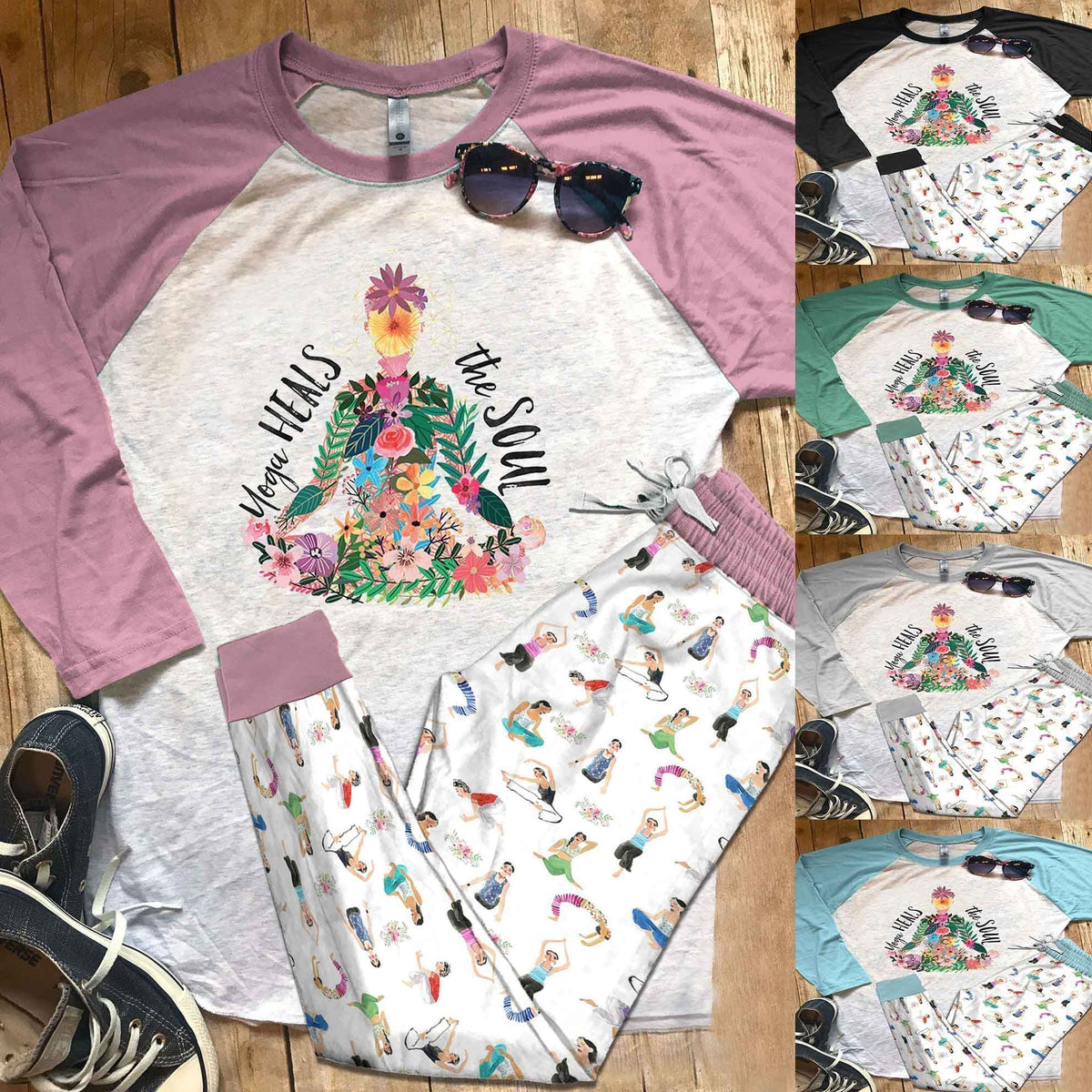 Yoga Set Colors Yoga Heals The Soul Pajama Set |Sleepwear Pjs Sets | Raglan Shirt Pants Set