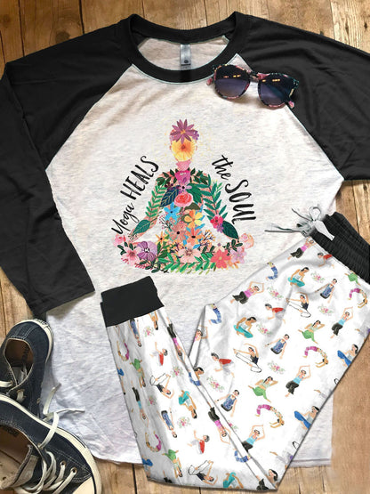 Yoga Set Colors Yoga Heals The Soul Pajama Set |Sleepwear Pjs Sets | Raglan Shirt Pants Set