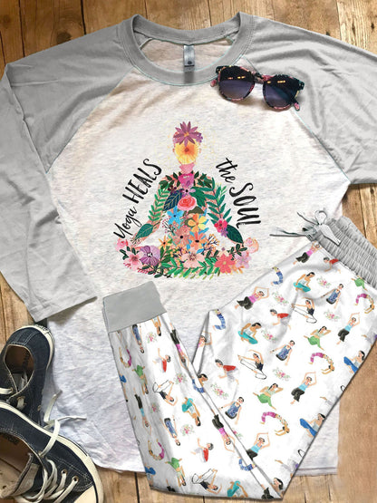 Yoga Set Colors Yoga Heals The Soul Pajama Set |Sleepwear Pjs Sets | Raglan Shirt Pants Set