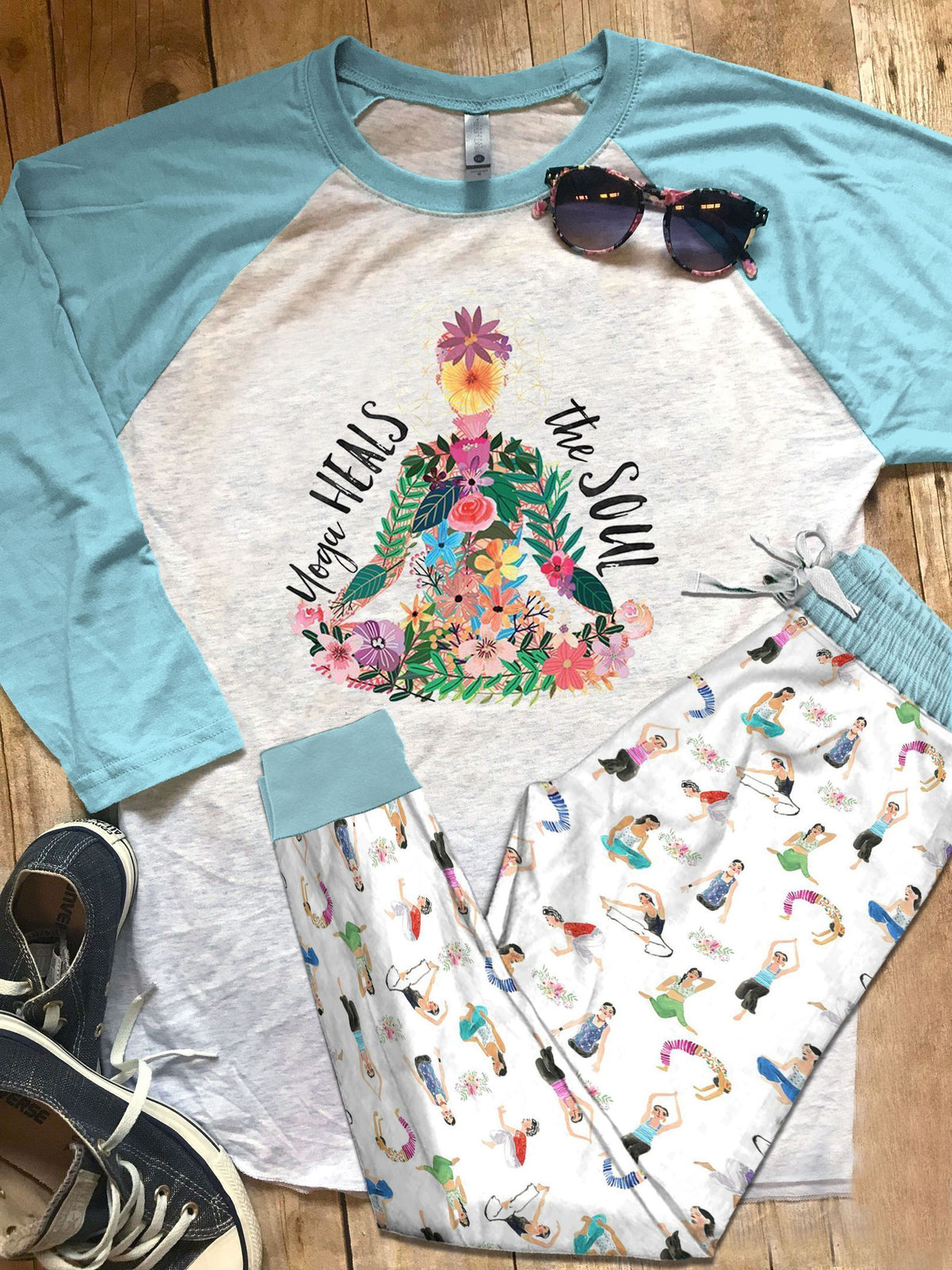 Yoga Set Colors Yoga Heals The Soul Pajama Set |Sleepwear Pjs Sets | Raglan Shirt Pants Set