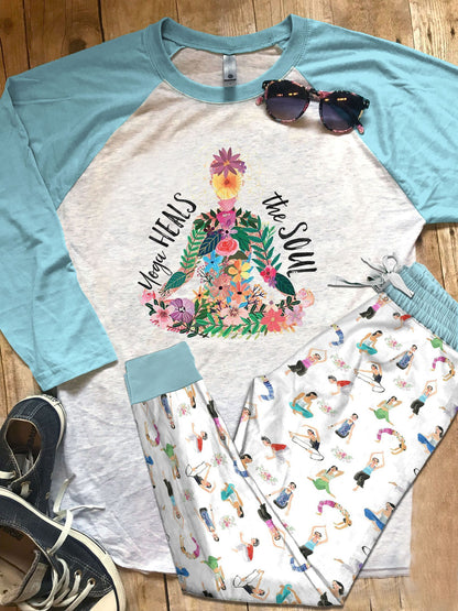 Yoga Set Colors Yoga Heals The Soul Pajama Set |Sleepwear Pjs Sets | Raglan Shirt Pants Set