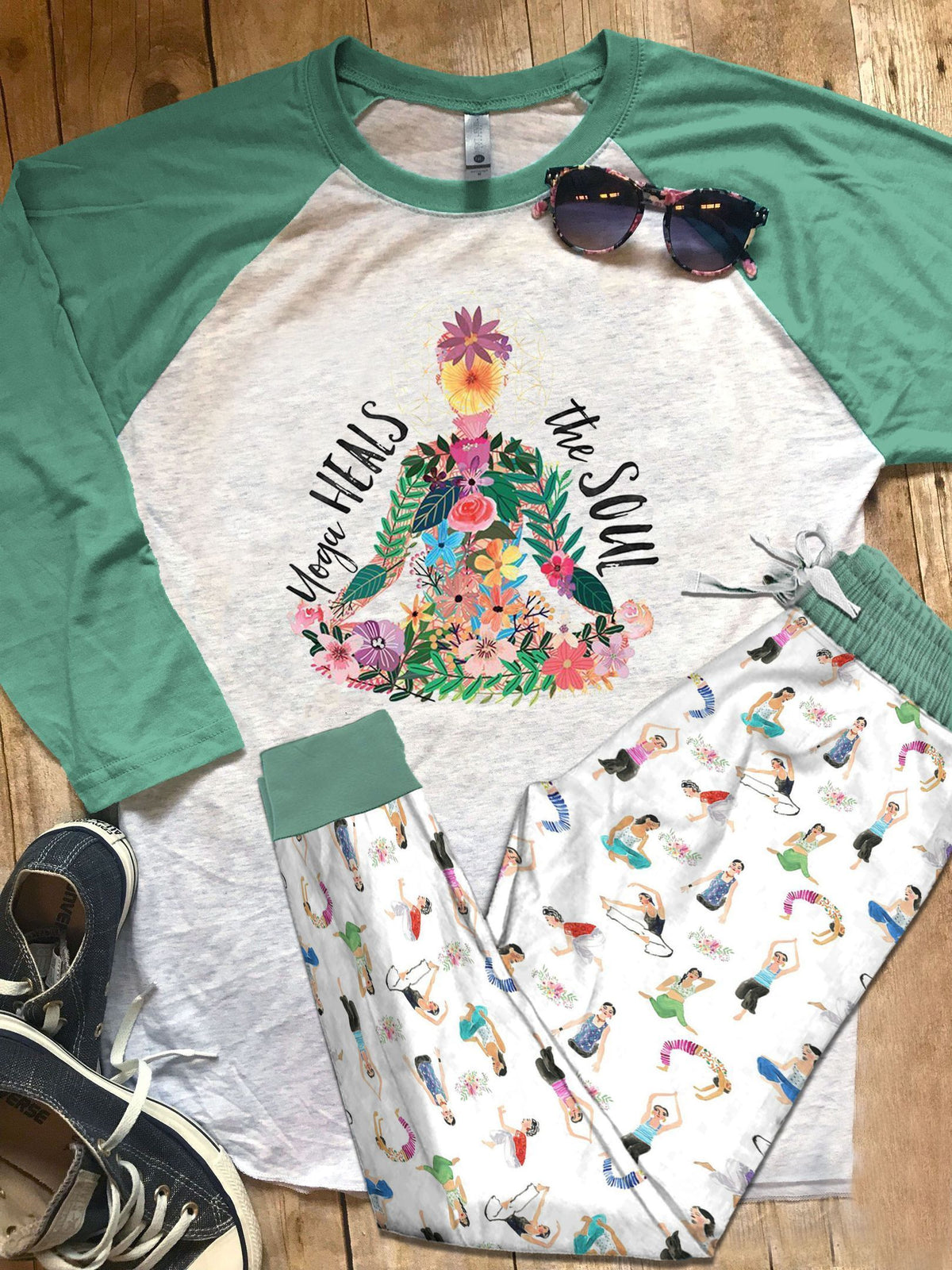 Yoga Set Colors Yoga Heals The Soul Pajama Set |Sleepwear Pjs Sets | Raglan Shirt Pants Set