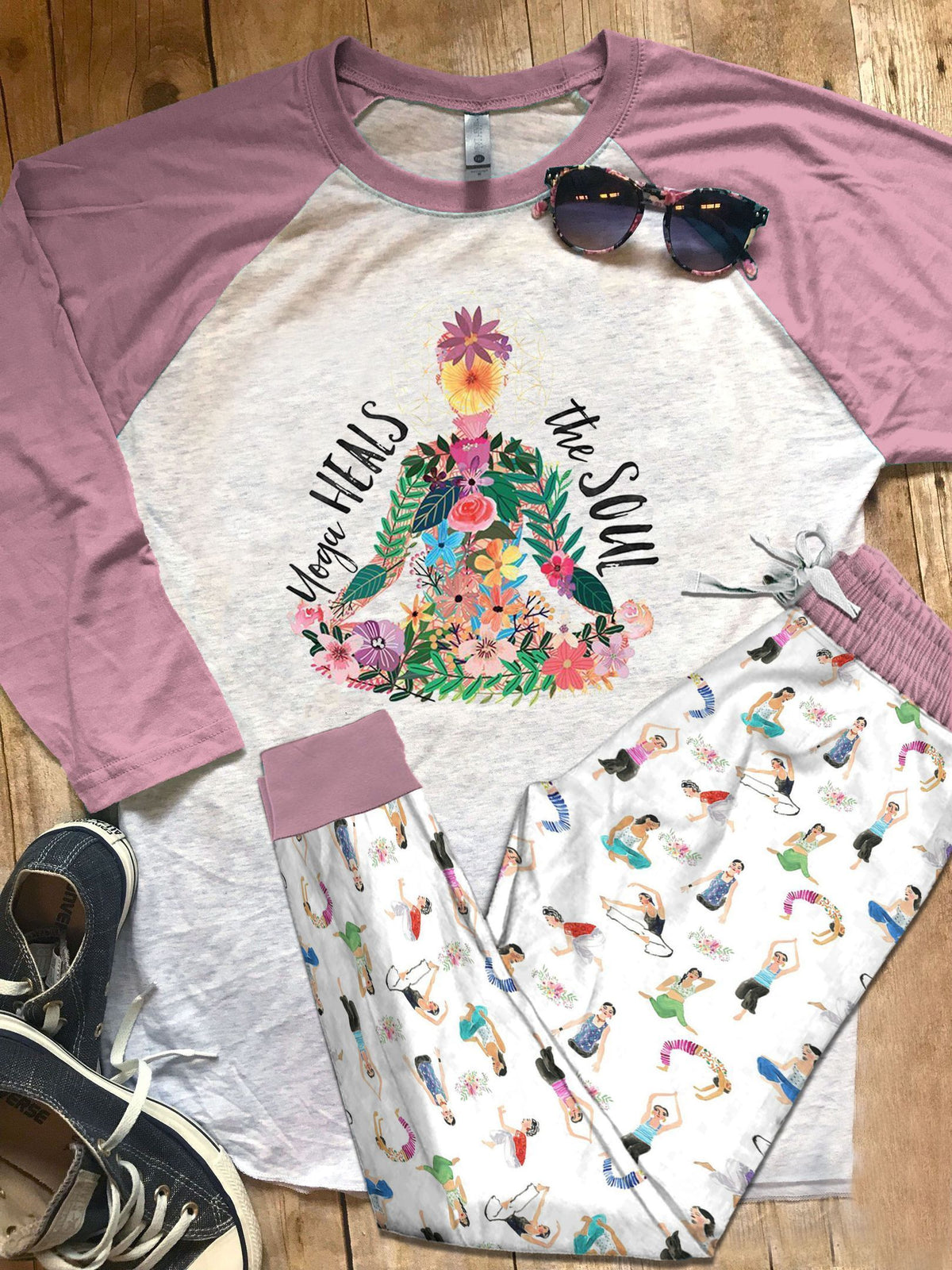 Yoga Set Colors Yoga Heals The Soul Pajama Set |Sleepwear Pjs Sets | Raglan Shirt Pants Set