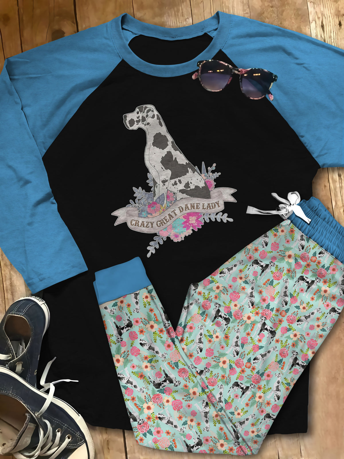 Great Dane Set Crazy Great Dane Lady Pajama Set |Sleepwear Pjs Sets | Raglan Shirt Pants Set