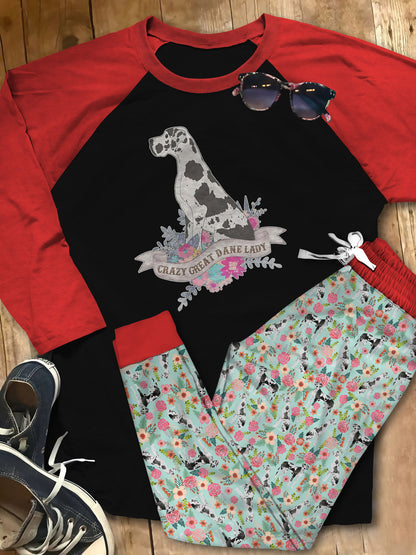 Great Dane Set Crazy Great Dane Lady Pajama Set |Sleepwear Pjs Sets | Raglan Shirt Pants Set
