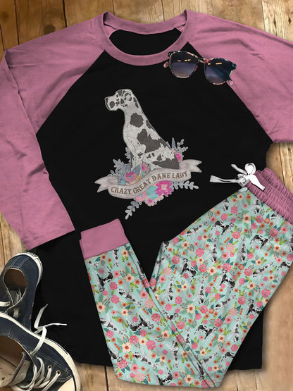 Great Dane Set Crazy Great Dane Lady Pajama Set |Sleepwear Pjs Sets | Raglan Shirt Pants Set