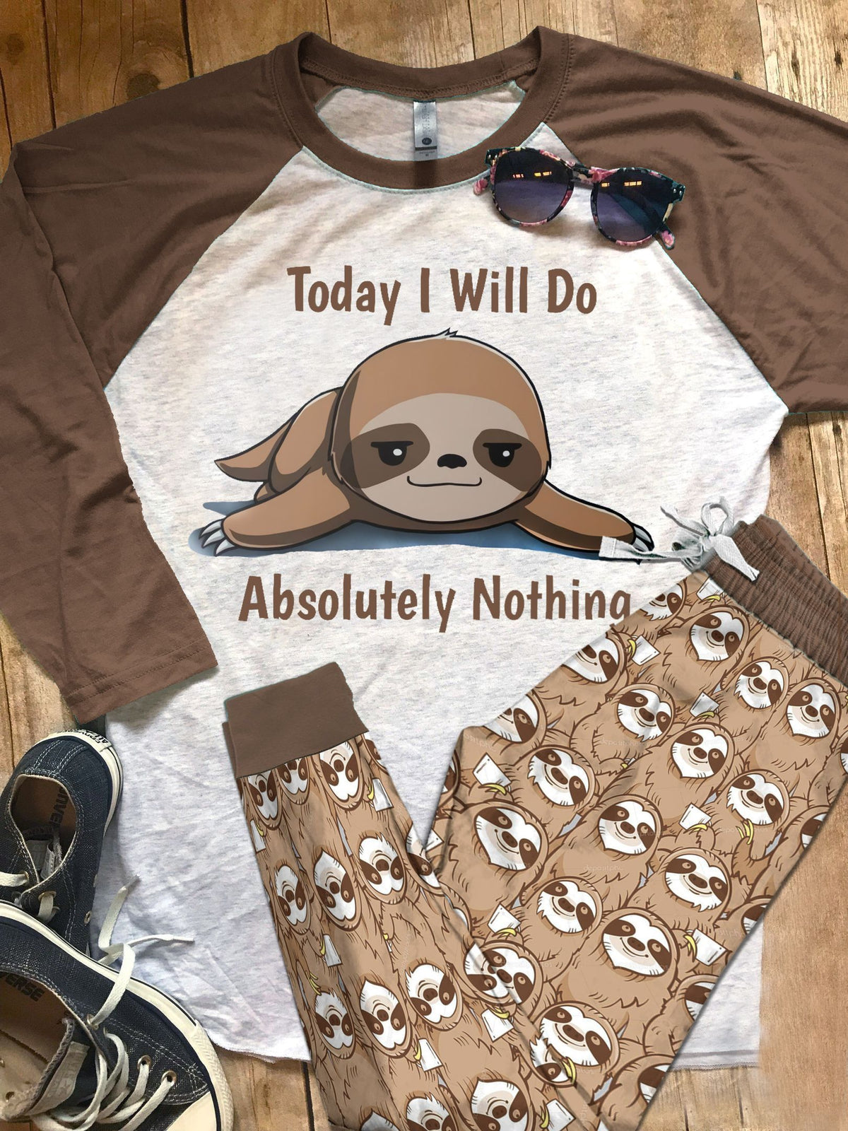 Sloth Brown Best Pajama Set |Sleepwear Pjs Sets | Raglan Shirt Pants Set