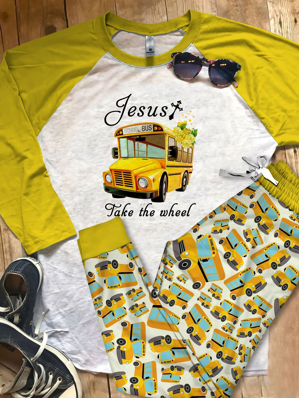School Bus Jesus Take The Wheel Pajama Set |Sleepwear Pjs Sets | Raglan Shirt Pants Set