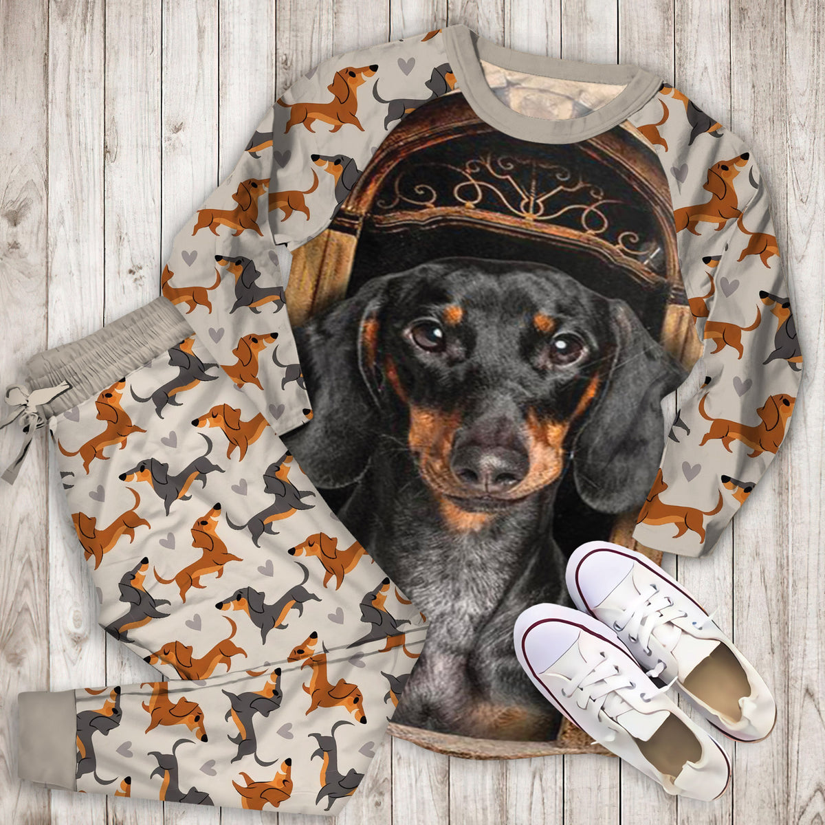 Dachshund Personalized Name Pajama Set |Sleepwear Pjs Sets | Raglan Shirt Pants Set