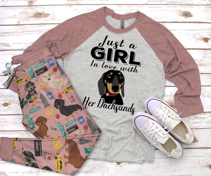 Dachshund Just A Girl Pink Nice Pajama Set |Sleepwear Pjs Sets | Raglan Shirt Pants Set