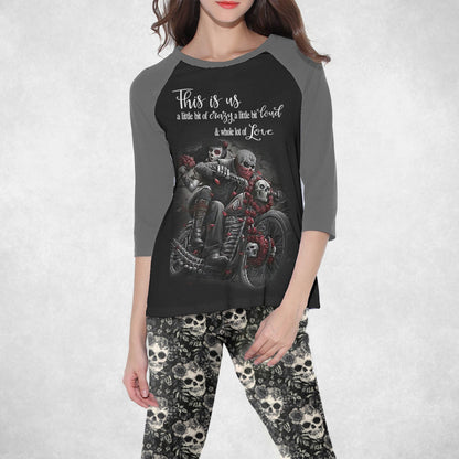 Skull Gray Unique Pajama Set |Sleepwear Pjs Sets | Raglan Shirt Pants Set