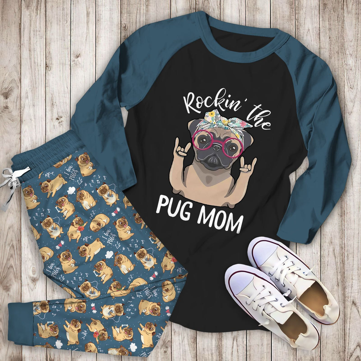 Pug Rockin The Pug Mom Aba Pajama Set |Sleepwear Pjs Sets | Raglan Shirt Pants Set