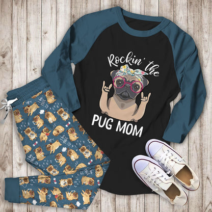 Pug Rockin The Pug Mom Aba Pajama Set |Sleepwear Pjs Sets | Raglan Shirt Pants Set
