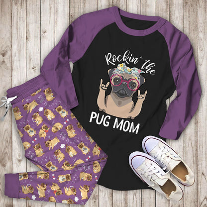Pug Rockin The Pug Mom Aba Pajama Set |Sleepwear Pjs Sets | Raglan Shirt Pants Set