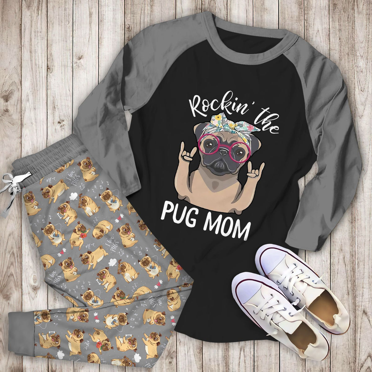 Pug Rockin The Pug Mom Aba Pajama Set |Sleepwear Pjs Sets | Raglan Shirt Pants Set