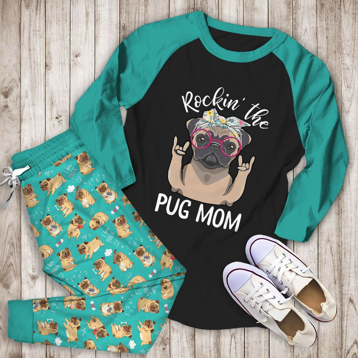 Pug Rockin The Pug Mom Aba Pajama Set |Sleepwear Pjs Sets | Raglan Shirt Pants Set