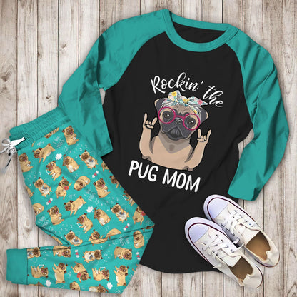 Pug Rockin The Pug Mom Aba Pajama Set |Sleepwear Pjs Sets | Raglan Shirt Pants Set