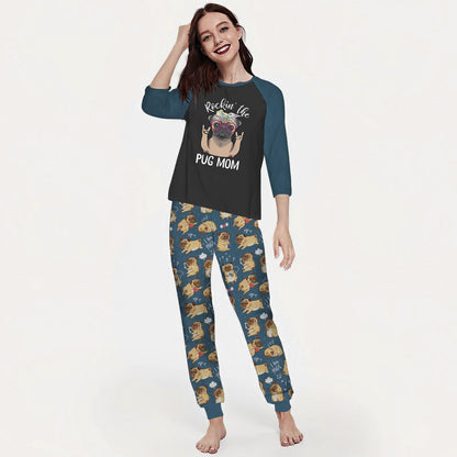Pug Rockin The Pug Mom Aba Pajama Set |Sleepwear Pjs Sets | Raglan Shirt Pants Set