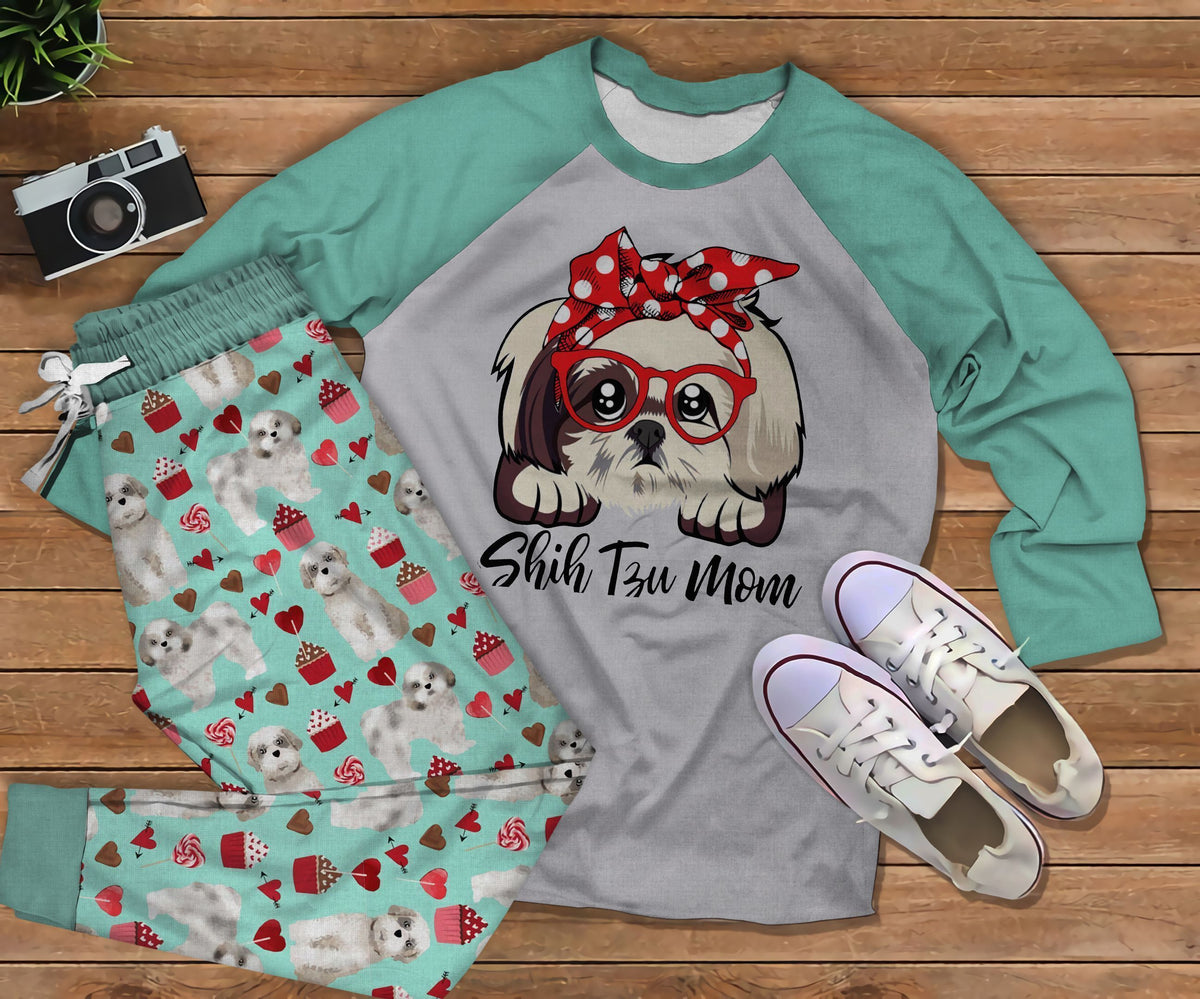 Shih Tzu Mom Pajama Set |Sleepwear Pjs Sets | Raglan Shirt Pants Set