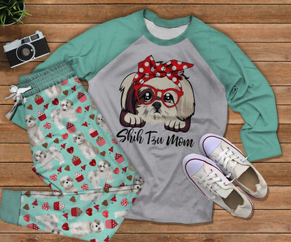 Shih Tzu Mom Pajama Set |Sleepwear Pjs Sets | Raglan Shirt Pants Set