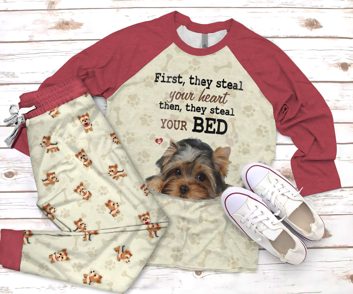 Yorkshire Terrier Bed Pajama Set |Sleepwear Pjs Sets | Raglan Shirt Pants Set