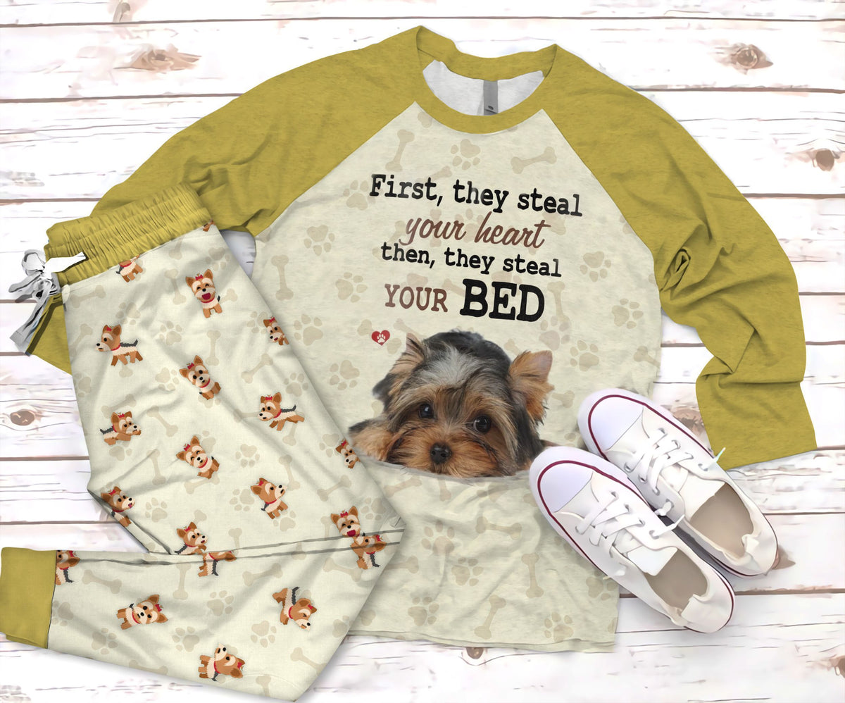 Yorkshire Terrier Bed Pajama Set |Sleepwear Pjs Sets | Raglan Shirt Pants Set